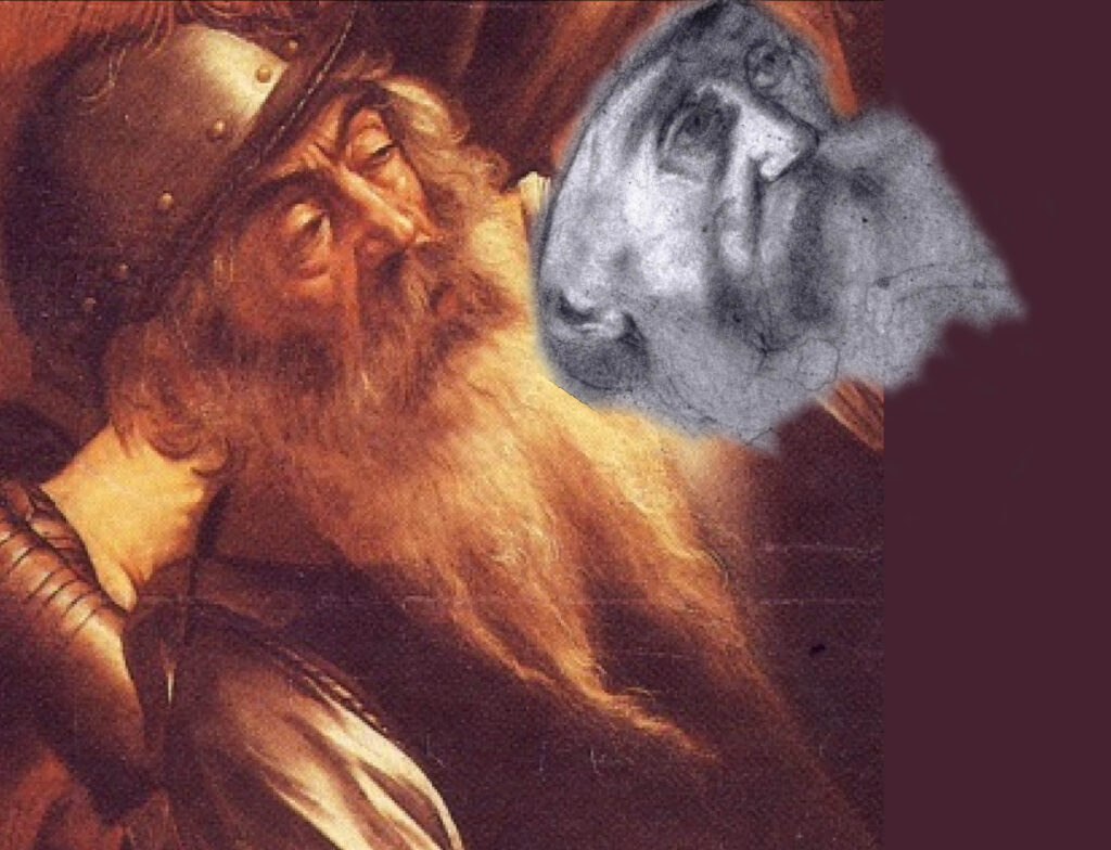 Il ritaglio del disegno precedentemente illustrato e l'accostamento del volto a quello del soldato della Caduta di Saulo di Michelangelo Merisi