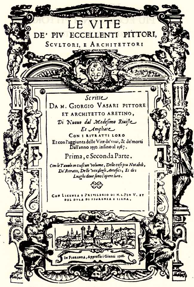 Frontespizio dell’edizione del 1568 delle Vite di Giorgio Vasari. L’autore si vendicò di Cellini dedicandogli solo poche e sbrigative righe, con un parziale riferimento alle opere e, soprattutto, nessuna descrizione delle stesse